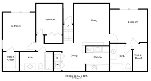 Floor plan for 3 beds, 2 baths, 1172 sqft